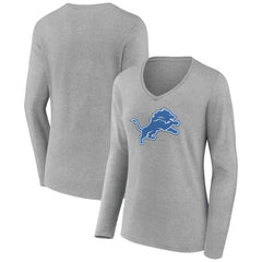 Detroit Lions Women's Primary Team Logo Long Sleeve V-Neck T-Shirt Heather Gray