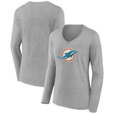 Miami Dolphins Women's Primary Team Logo Long Sleeve V-Neck T-Shirt Heather Gray