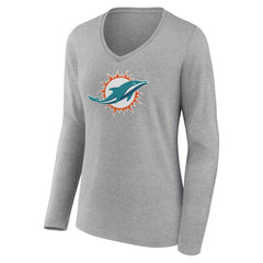 Miami Dolphins Women's Primary Team Logo Long Sleeve V-Neck T-Shirt Heather Gray