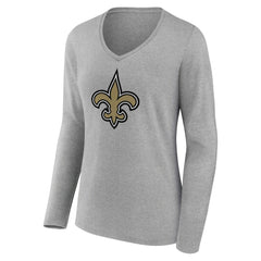New Orleans Saints Women's Primary Team Logo Long Sleeve V-Neck T-Shirt Heather Gray