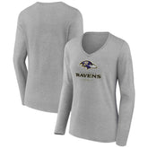 Baltimore Ravens Women's Logo Team Lockup Long Sleeve V-Neck T-Shirt Heather Gray