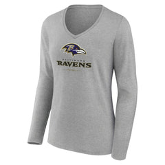 Baltimore Ravens Women's Logo Team Lockup Long Sleeve V-Neck T-Shirt Heather Gray