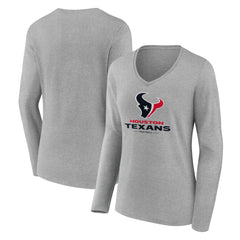 Houston Texans Women's Logo Team Lockup Long Sleeve V-Neck T-Shirt Heather Gray