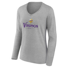 Minnesota Vikings Women's Logo Team Lockup Long Sleeve V-Neck T-Shirt Heather Gray