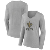 New Orleans Saints Women's Logo Team Lockup Long Sleeve V-Neck T-Shirt Heather Gray
