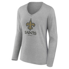 New Orleans Saints Women's Logo Team Lockup Long Sleeve V-Neck T-Shirt Heather Gray