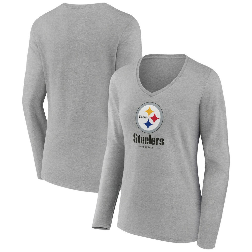 Pittsburgh Steelers Women's Logo Team Lockup Long Sleeve V-Neck T-Shirt Heather Gray