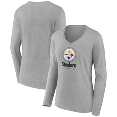 Pittsburgh Steelers Women's Logo Team Lockup Long Sleeve V-Neck T-Shirt Heather Gray