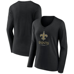 New Orleans Saints Women's Logo Team Lockup Long Sleeve V-Neck T-Shirt Black