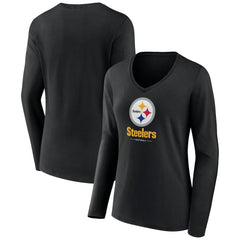Pittsburgh Steelers Women's Logo Team Lockup Long Sleeve V-Neck T-Shirt Black