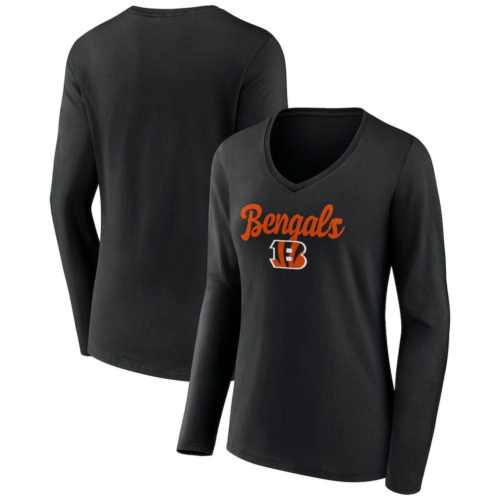 Cincinnati Bengals Women's Freehand Team Long Sleeve V-Neck T-Shirt Black