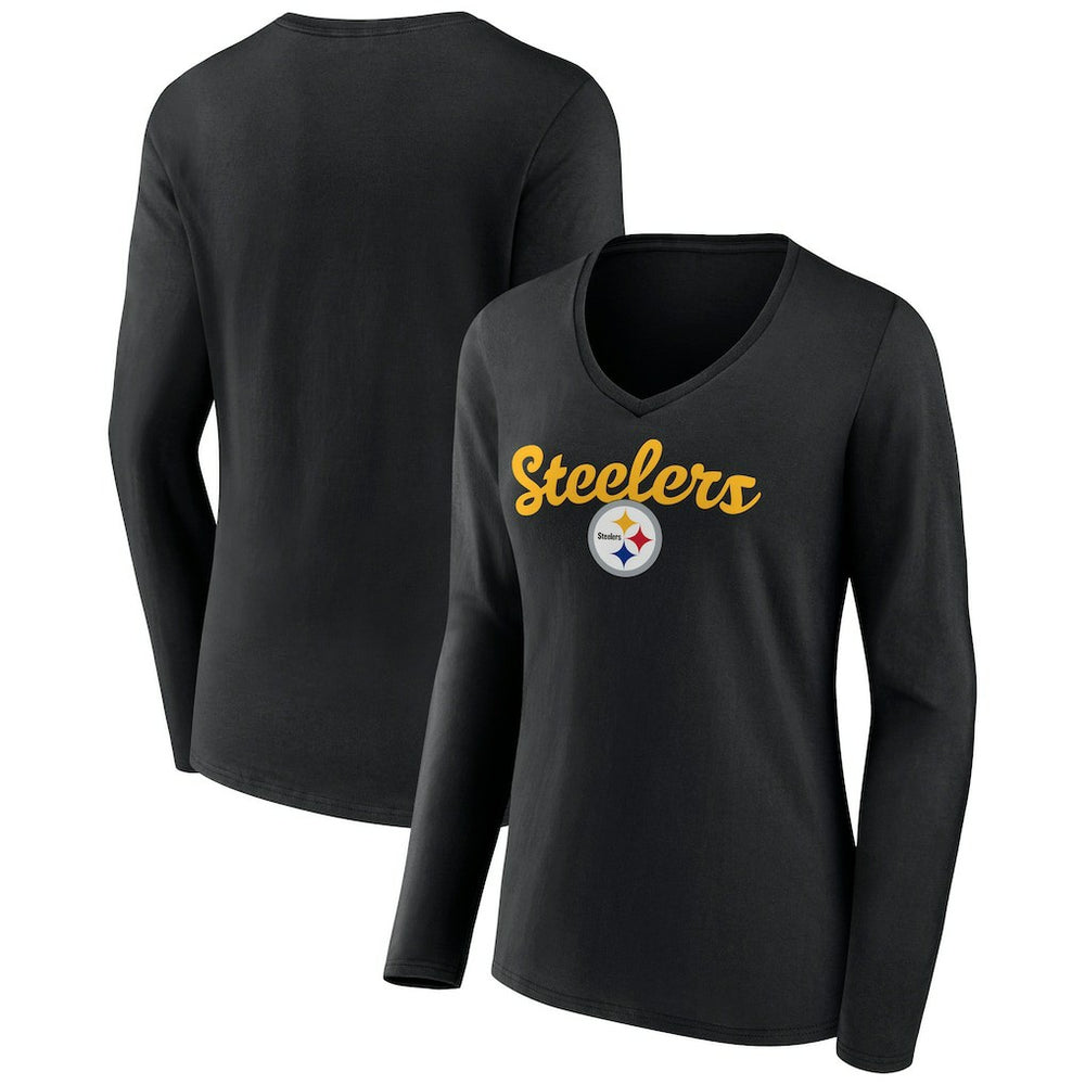 Pittsburgh Steelers Women's Freehand Team Long Sleeve V-Neck T-Shirt Black