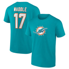 Jaylen Waddle Miami Dolphins Player Icon Name & Number T-Shirt Aqua