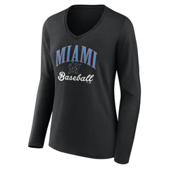 Miami Marlins Women's Victory Script Long Sleeve V-Neck T-Shirt - Black - MLB Lifestyle