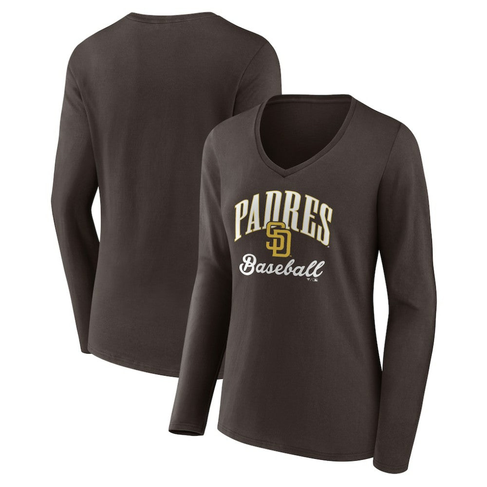 San Diego Padres Women's Victory Script Long Sleeve V-Neck T-Shirt - Brown - MLB Lifestyle