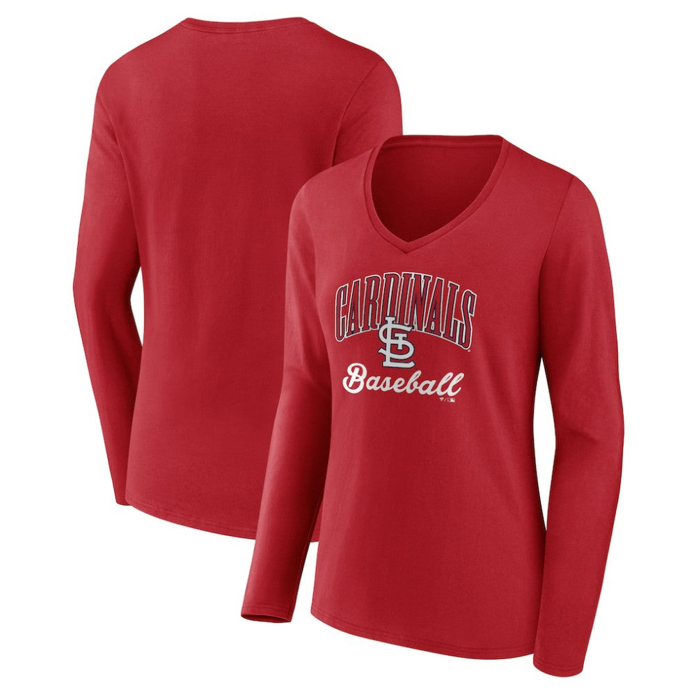St. Louis Cardinals Women's Victory Script Long Sleeve V-Neck T-Shirt - Red - MLB Discount