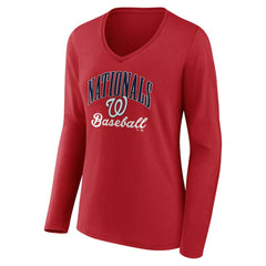 Washington Nationals Women's Victory Script Long Sleeve V-Neck T-Shirt - Red - MLB Sale