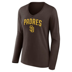 San Diego Padres Women's Team Lockup Long Sleeve V-Neck T-Shirt - Brown - MLB Lifestyle