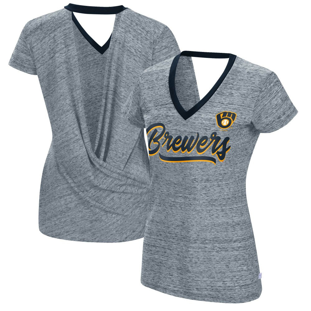 Milwaukee Brewers Touch Women's Halftime Back Wrap Top V-Neck T-Shirt - Navy - MLB Online