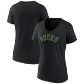 Milwaukee Bucks Women's Wordmark V-Neck T-Shirt Black