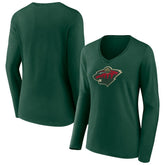 Minnesota Wild Women's Team Logo Long Sleeve V-Neck T-Shirt - Green - NHL 5088126