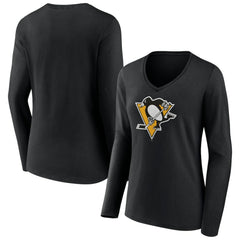 Pittsburgh Penguins Women's Team Logo Long Sleeve V-Neck T-Shirt - Black - NHL 5088132