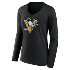 Pittsburgh Penguins Women's Team Logo Long Sleeve V-Neck T-Shirt - Black - NHL 5088132