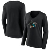 San Jose Sharks Women's Team Logo Long Sleeve V-Neck T-Shirt - Black - NHL 5088133
