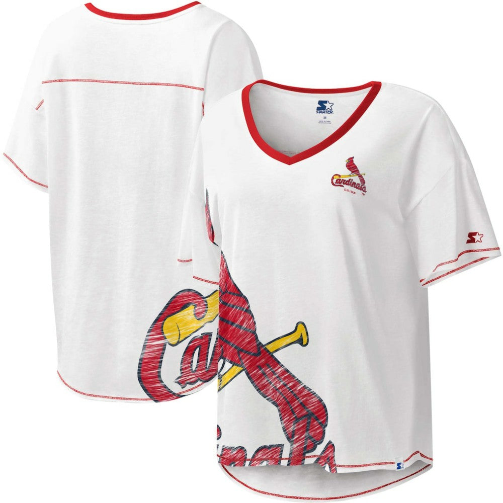 St. Louis Cardinals Starter Women's Perfect Game V-Neck T-Shirt - White - MLB Discount