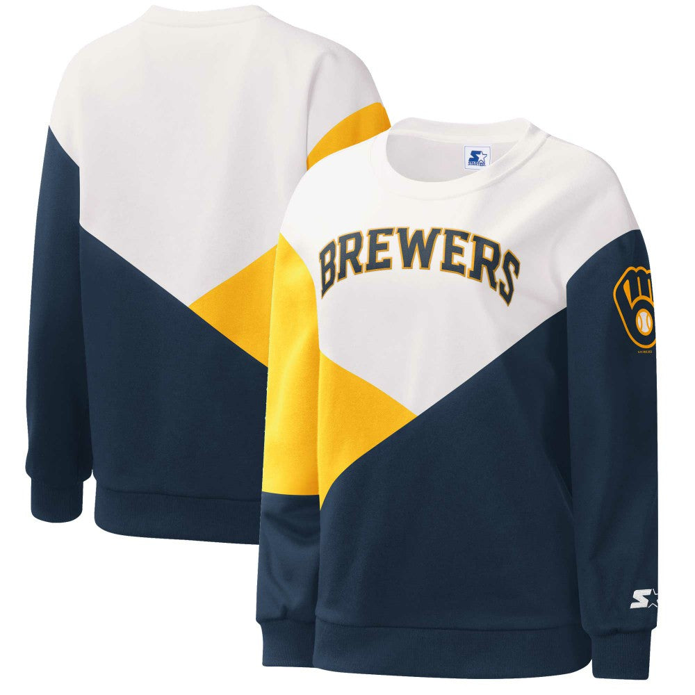 Milwaukee Brewers Starter Women's Shutout Pullover Sweatshirt - White/Navy - MLB on Sale