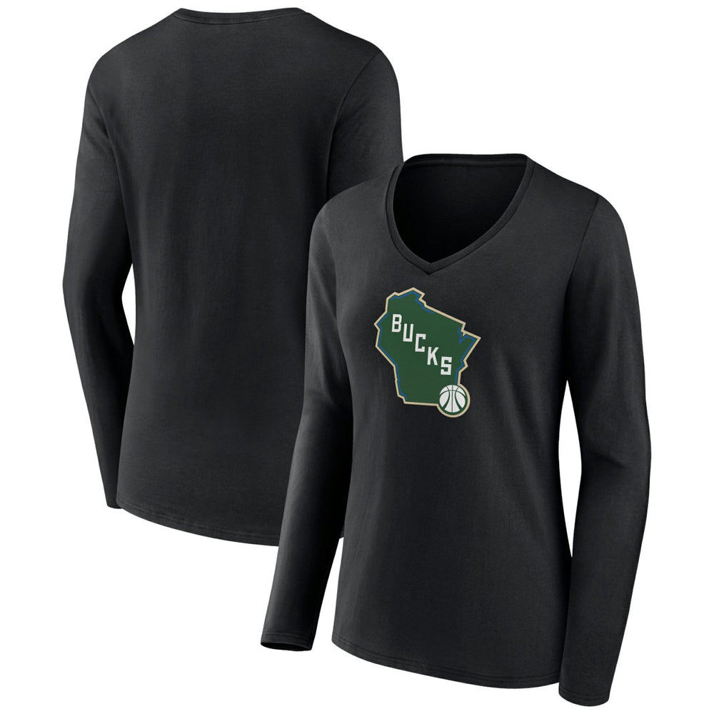 Milwaukee Bucks Women's Alternate Logo V-Neck Long Sleeve T-Shirt Black