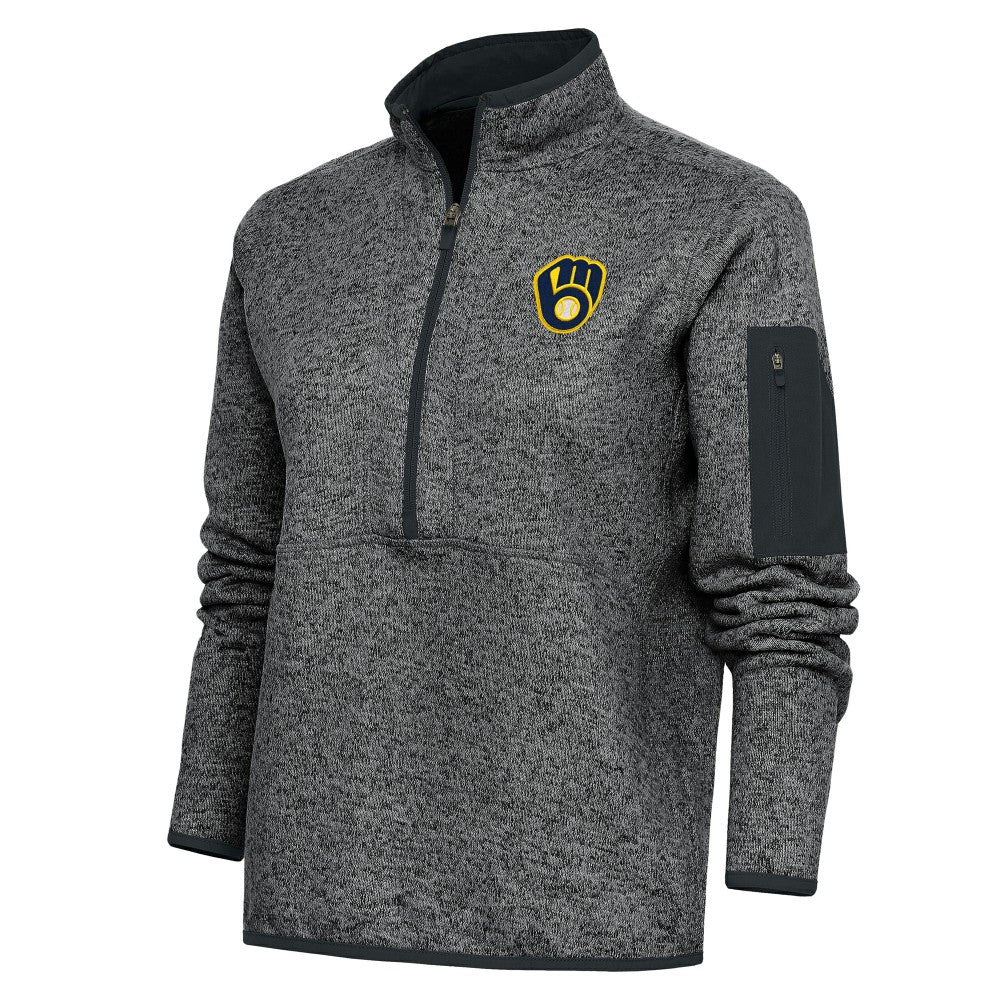Milwaukee Brewers Antigua Women's Logo Fortune Quarter-Zip Pullover Jacket - Heather Charcoal - MLB Online