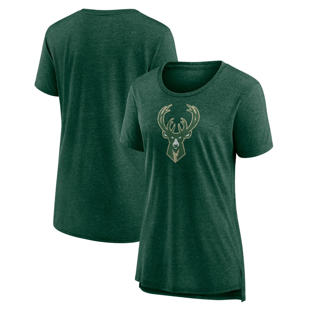Milwaukee Bucks Women's Distressed Logo Tri-Blend T-Shirt Heather Hunter Green
