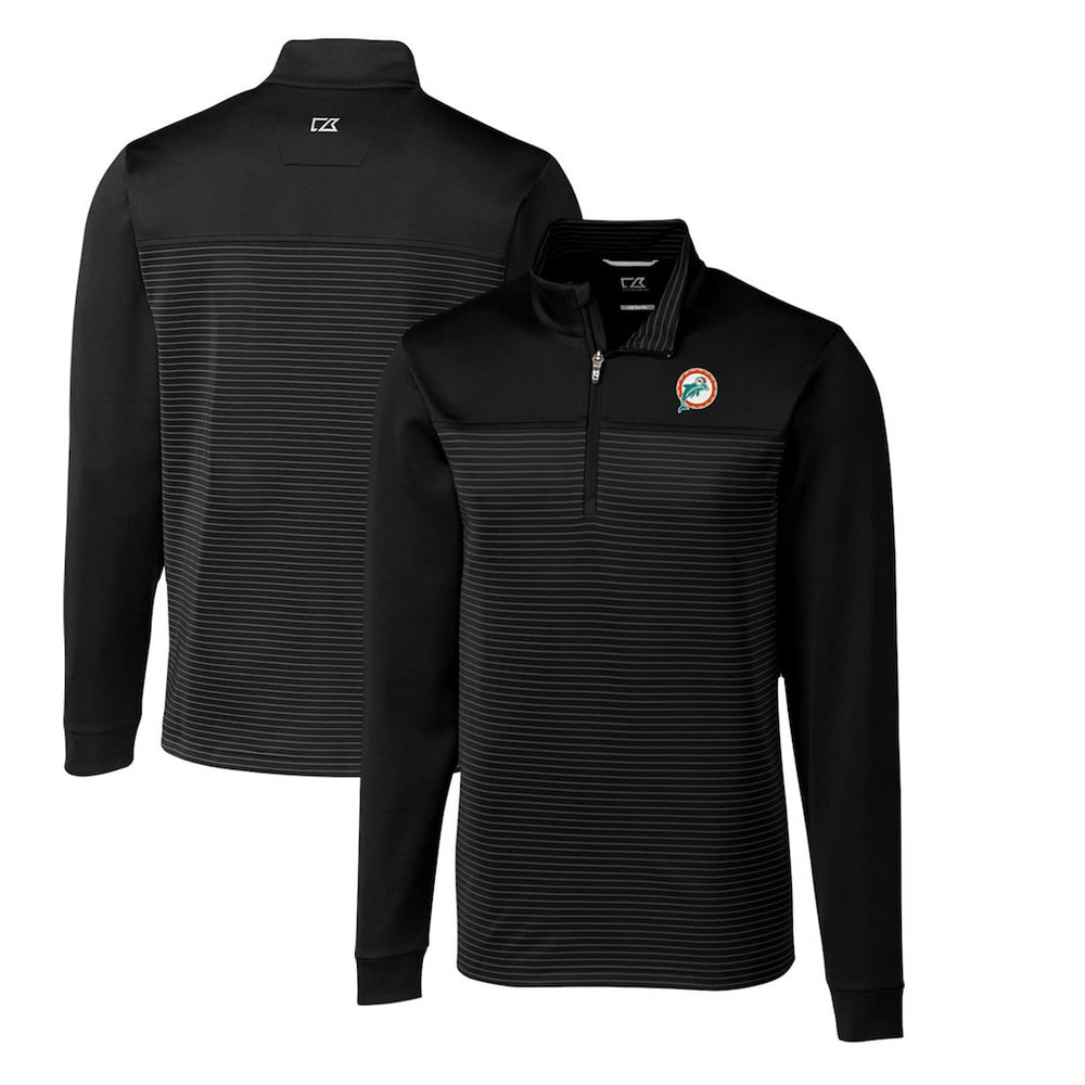 Miami Dolphins Cutter & Buck Throwback Logo Traverse Stripe Stretch Quarter-Zip Pullover Top Black