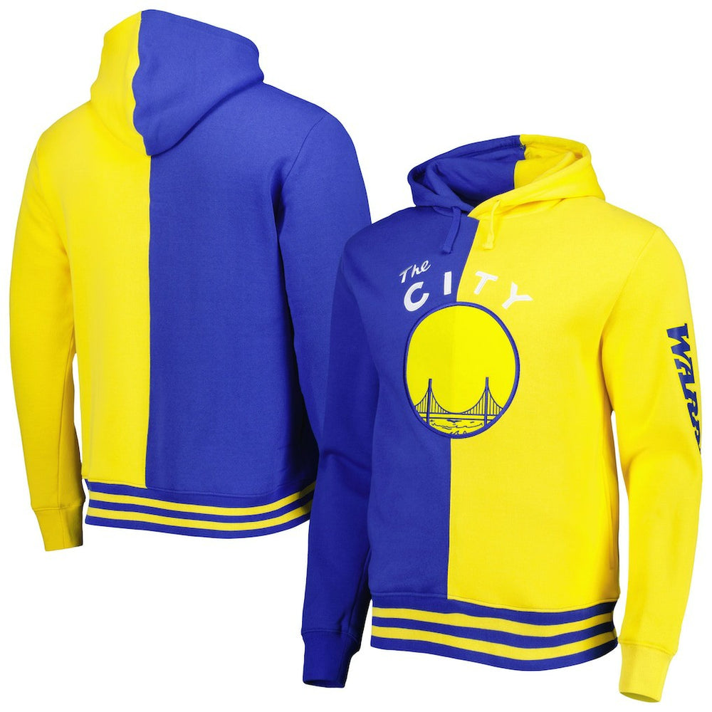 Golden State Warriors Hardwood Classics Split Pullover Hoodie for sale Royal/Gold | Mitchell & Ness