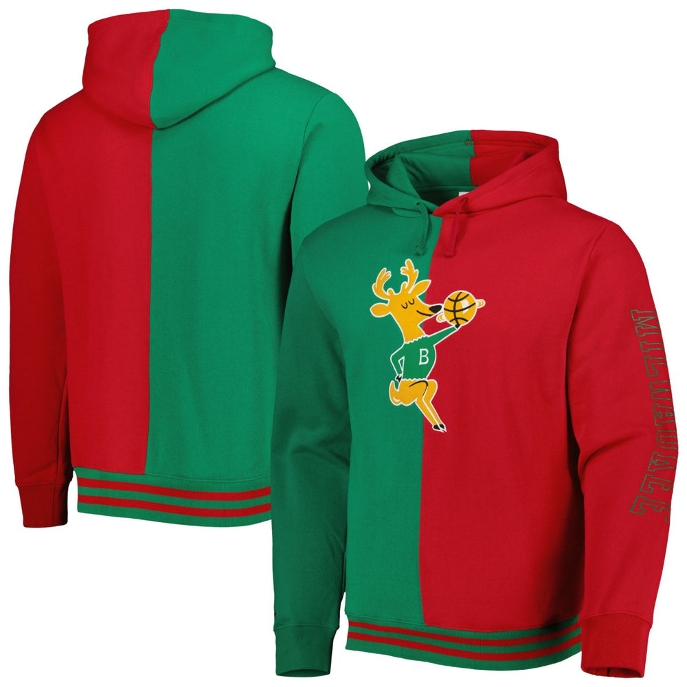 Milwaukee Bucks Hardwood Classics Split Pullover Hoodie Green/Red | Mitchell & Ness