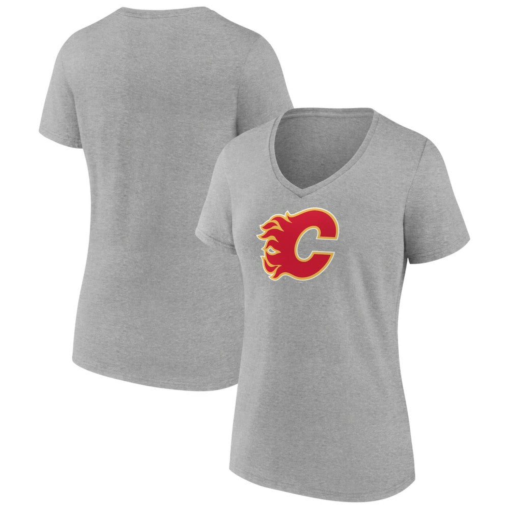 Calgary Flames Women's Primary Logo Team V-Neck T-Shirt - Heather Gray - NHL 5221152