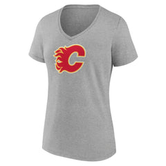Calgary Flames Women's Primary Logo Team V-Neck T-Shirt - Heather Gray - NHL 5221152