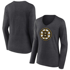Boston Bruins Women's Primary Team Logo Long Sleeve V-Neck T-Shirt - Heather Charcoal - NHL 5221177