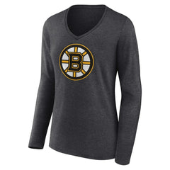 Boston Bruins Women's Primary Team Logo Long Sleeve V-Neck T-Shirt - Heather Charcoal - NHL 5221177
