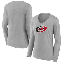 Carolina Hurricanes Women's Primary Logo Team Long Sleeve V-Neck T-Shirt - Heather Gray - NHL 5221180
