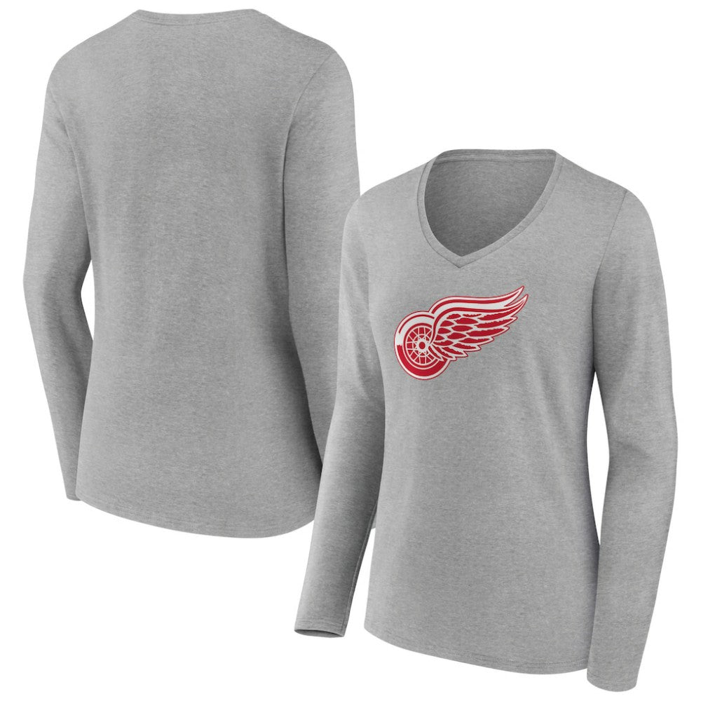 Detroit Red Wings Women's Primary Logo Team Long Sleeve V-Neck T-Shirt - Heather Gray - NHL 5221185