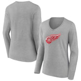 Detroit Red Wings Women's Primary Logo Team Long Sleeve V-Neck T-Shirt - Heather Gray - NHL 5221185