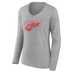 Detroit Red Wings Women's Primary Logo Team Long Sleeve V-Neck T-Shirt - Heather Gray - NHL 5221185