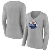 Edmonton Oilers Women's Primary Logo Team Long Sleeve V-Neck T-Shirt - Heather Gray - NHL 5221186