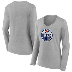 Edmonton Oilers Women's Primary Logo Team Long Sleeve V-Neck T-Shirt - Heather Gray - NHL 5221186