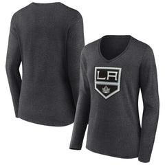 Los Angeles Kings Women's Primary Team Logo Long Sleeve V-Neck T-Shirt - Heather Charcoal - NHL 5221187