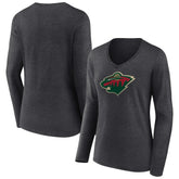 Minnesota Wild Women's Primary Team Logo Long Sleeve V-Neck T-Shirt - Heather Charcoal - NHL 5221189