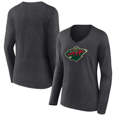 Minnesota Wild Women's Primary Team Logo Long Sleeve V-Neck T-Shirt - Heather Charcoal - NHL 5221189