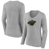 Minnesota Wild Women's Primary Logo Team Long Sleeve V-Neck T-Shirt - Heather Gray - NHL 5221190